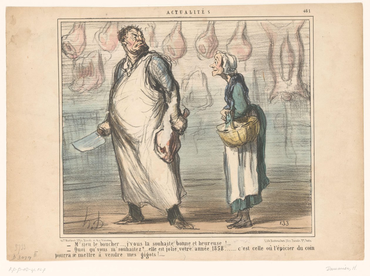 Oude vrouw spreekt een slager aan door Honoré Daumier
