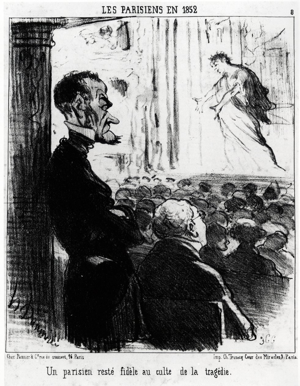 Parijzenaars in 1852: een Parijzenaar blijft trouw aan de cultus van tragedies (illustratie door Honore Daumier, gepubliceerd in Charivari, gedateerd 26 januari 1852) door Honoré Daumier