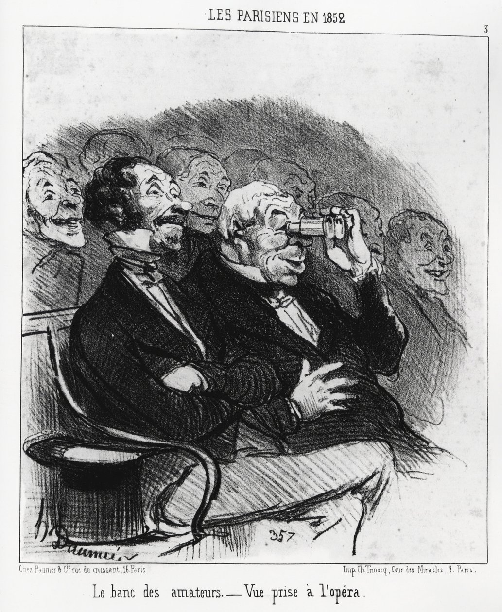 Parijzenaars in 1852: de bank van amateurs, uitzicht genomen bij de opera. Illustratie van Honore Daumier (1808-1879), gepubliceerd in het nieuws, 