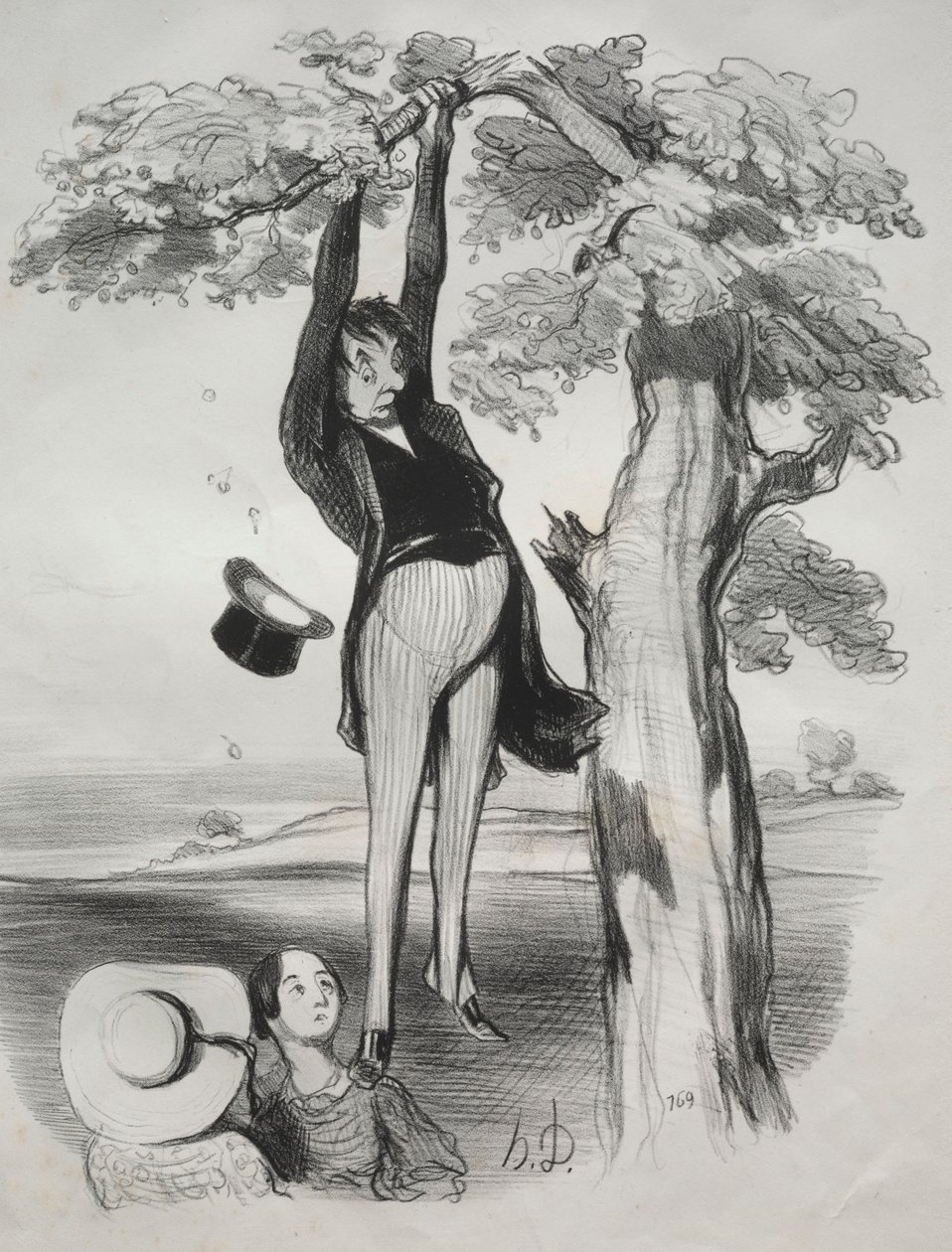 Pastorales, plaat 2: De gevaren van het te krachtig schudden van een pruimenboom..., 1845 door Honoré Daumier