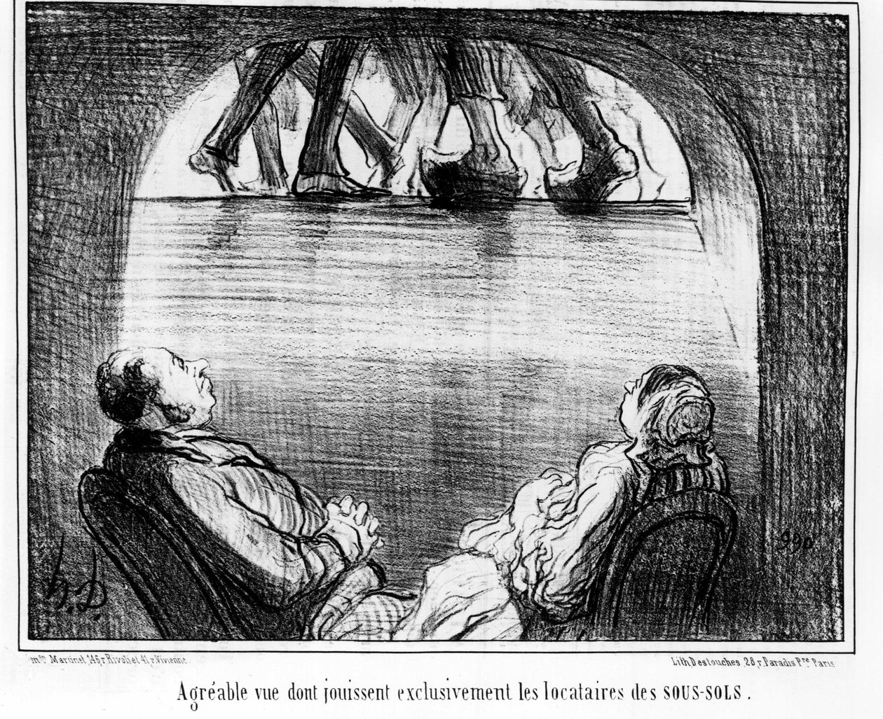 Aangenaam uitzicht exclusief genoten door de huurders van de kelders, uit "Huurders en Eigenaren", cartoonserie door Honore Daumier (1808-1879). "Charivari" door Honoré Daumier