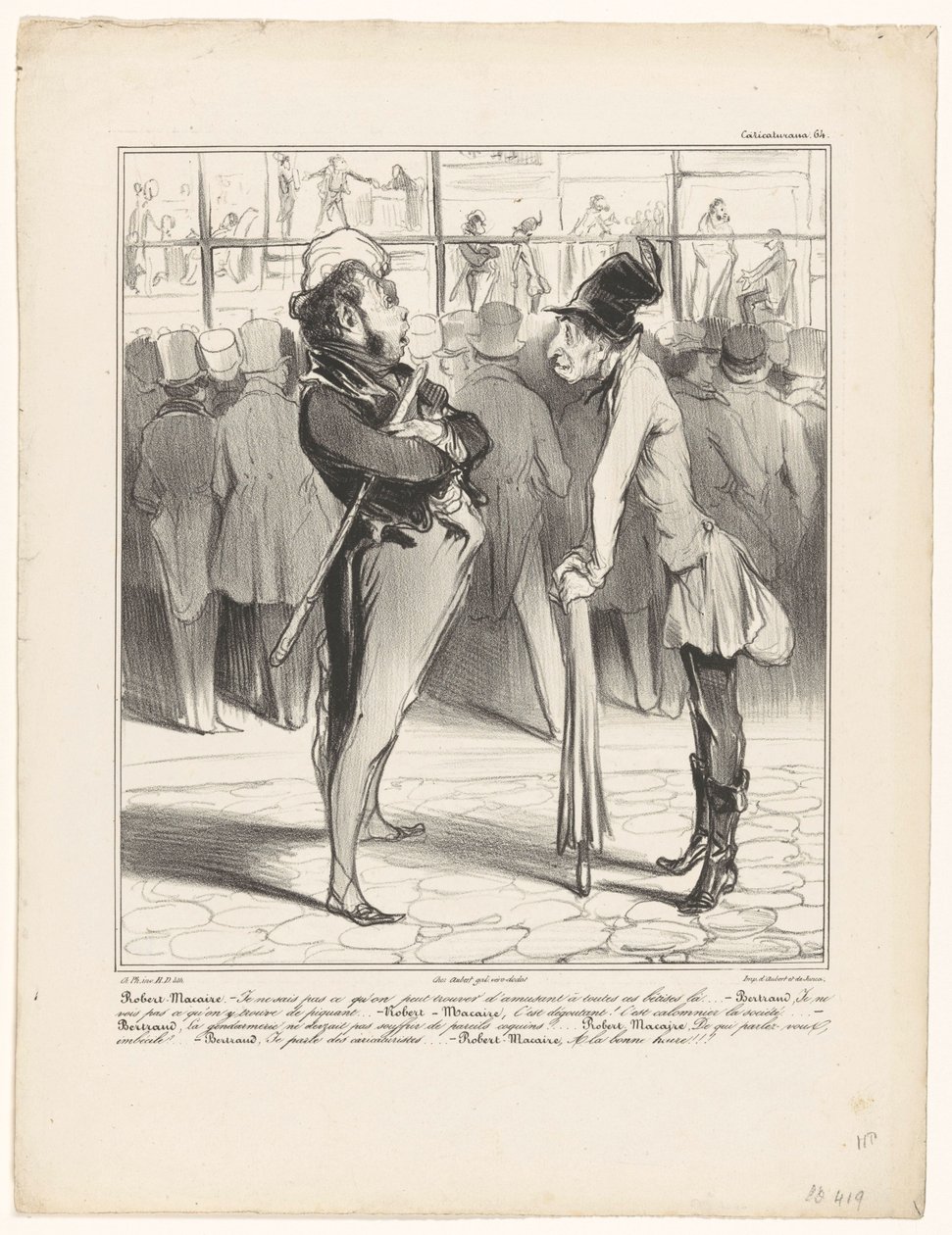 Robert-Macaire in gesprek met Bertrand voor de etalage van een prenthandel (Caricaturana) door Honoré Daumier