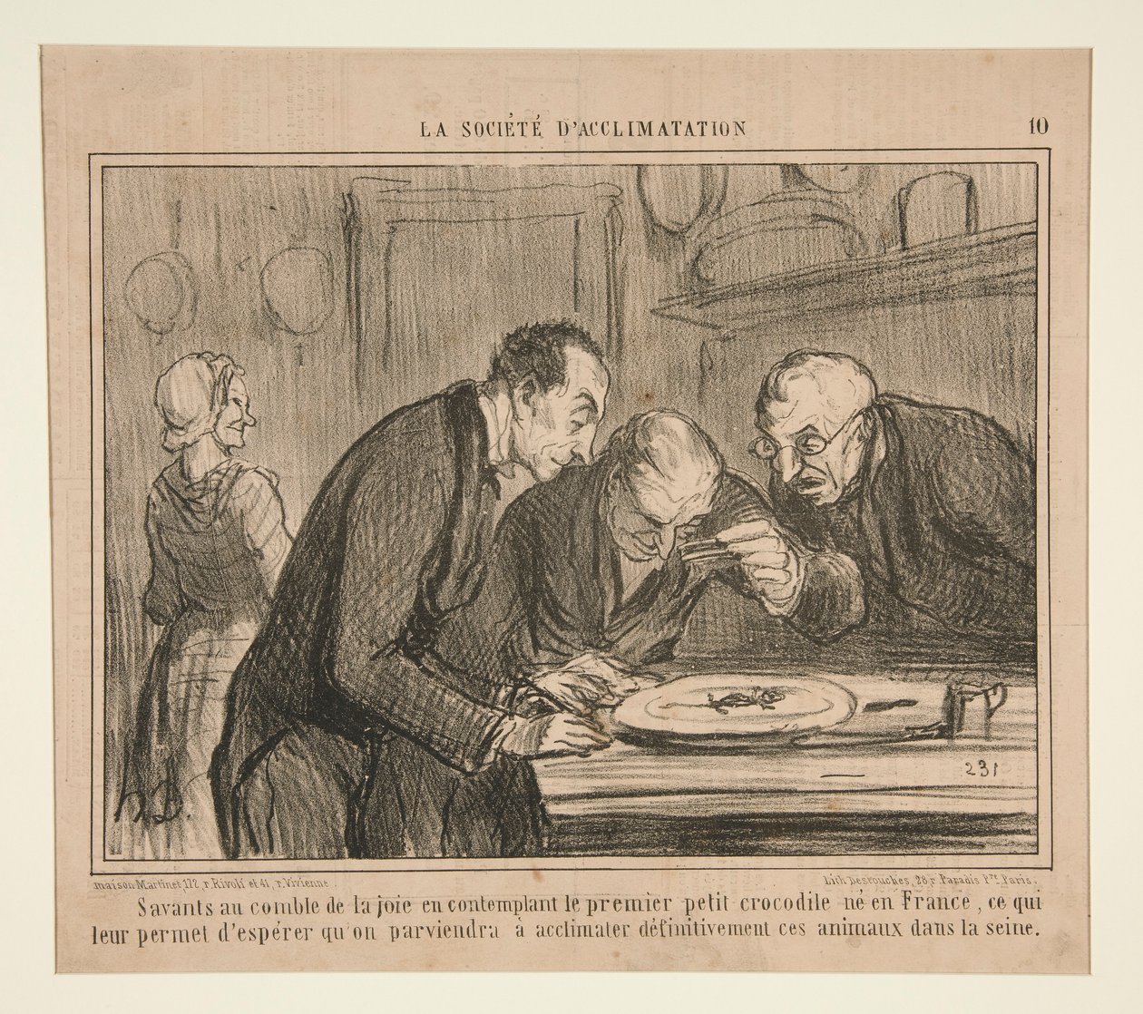 Wetenschappers in extase bij het aanschouwen van de eerste kleine krokodil door Honoré Daumier