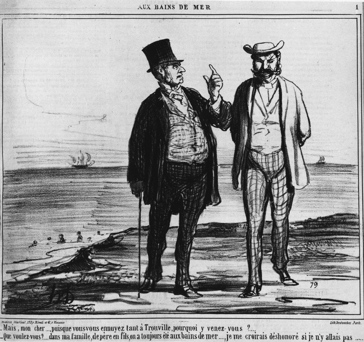 Zee baden: Parijzenaars op een strand van Trouville van het gewicht van tradities en familiegewoonten - door Honore Daumier, in 