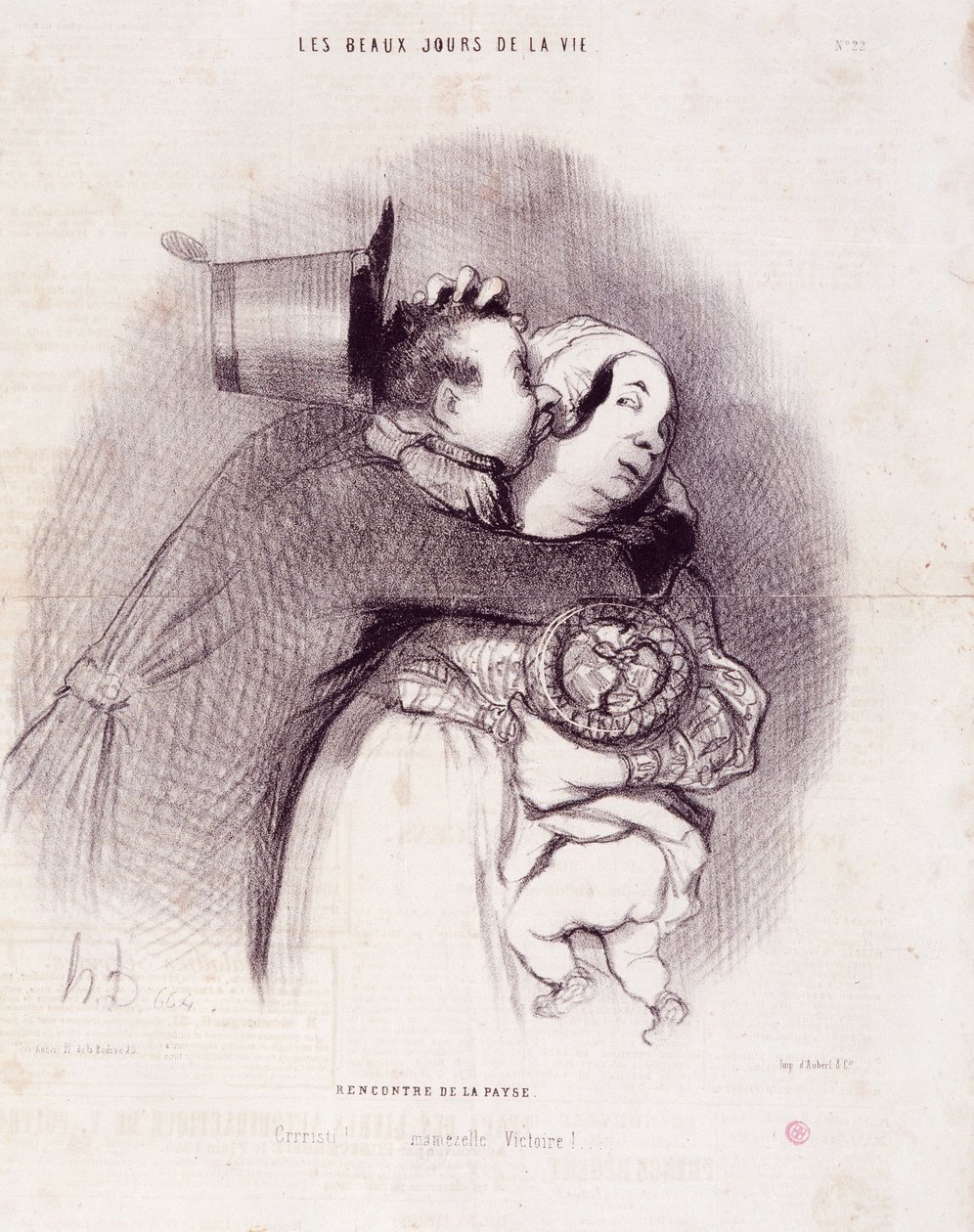 Serie "De Mooie Dagen van het Leven": Ontmoeting van het platteland...". Gravure door Honore Daumier. Uit de krant "Le Charivari" 8 september door Honoré Daumier