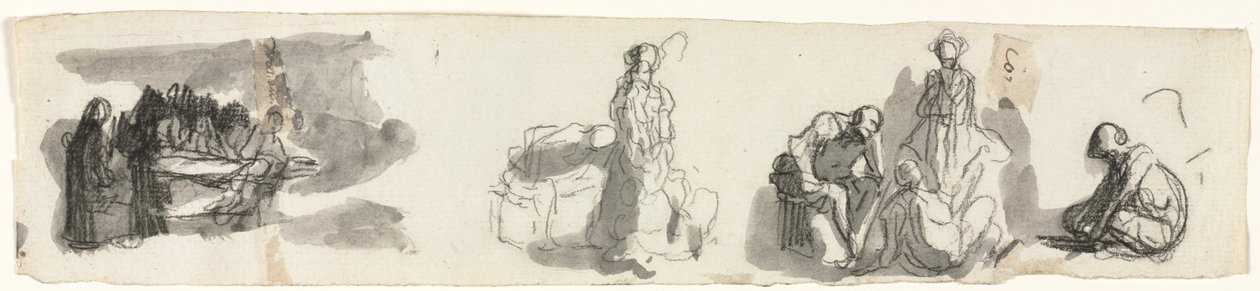 Blad met Studies van een Groep van Vier Figuren aan de Rechterkant (recto) door Honoré Daumier