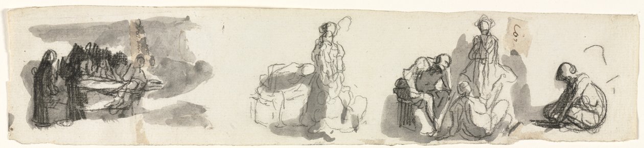 Blad met Studies met een Groep van Vier Figuren aan de Rechterkant door Honoré Daumier