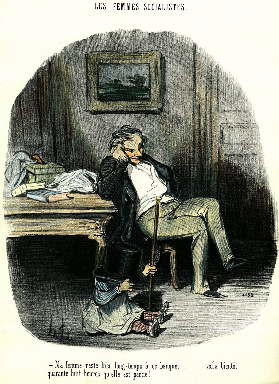 Socialistische vrouwen Anti-feministische cartoon die een man afbeeldt die met zijn kind wacht op zijn vrouw die al twee dagen vermist is. Lithografie door Honoré Daumier (1808-1879) 19e eeuw Privécollectie door Honoré Daumier