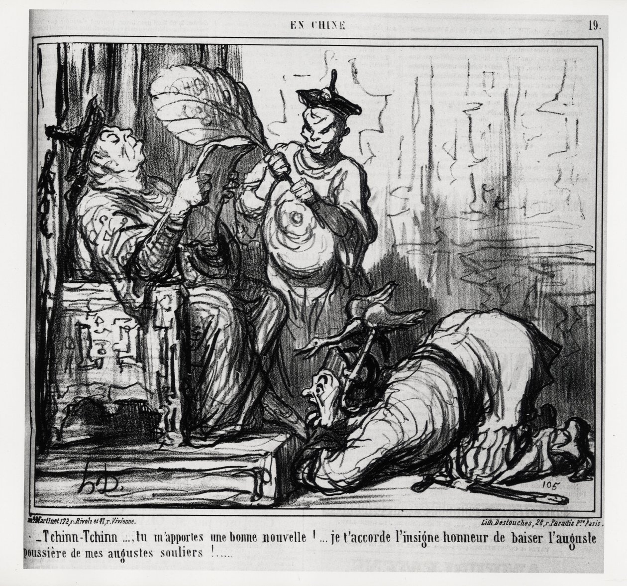 Tchinn Tchinn... Je brengt me goed nieuws! Ik verleen je de grote eer om het augustijnse stof van mijn augustijnse schoenen te kussen. In serie En Chine, illustratie door Honoré Daumier (1808-1879), gepubliceerd in 