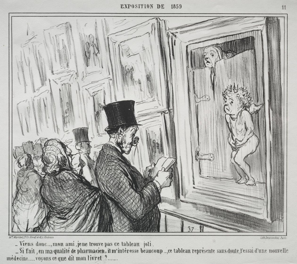De Tentoonstelling van 1859 (plaat 11): Kom hier, mijn vriend, ik vind dit schilderij niet mooi door Honoré Daumier