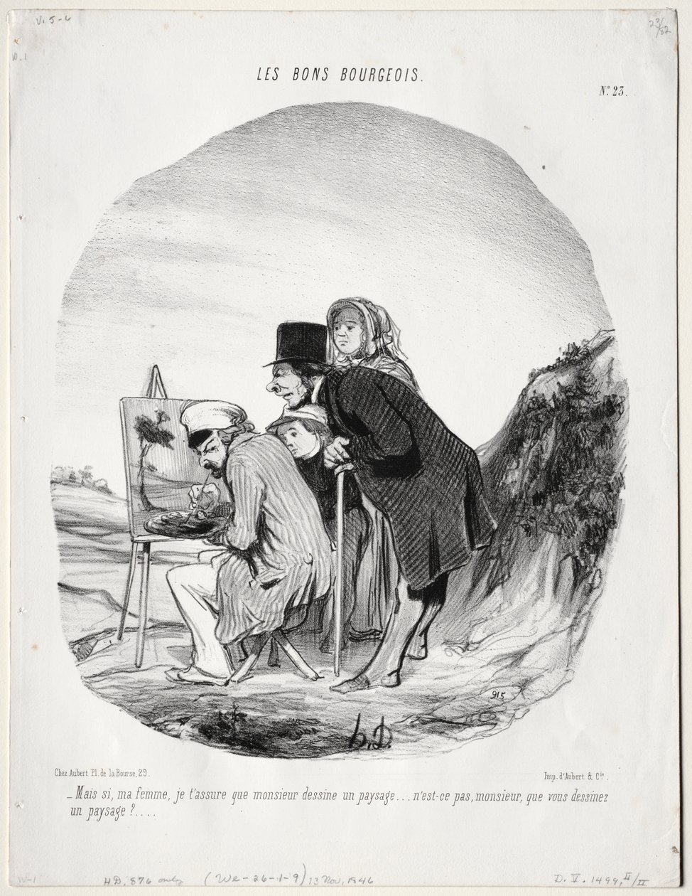 De Goede Burgers, plaat 23: "Maar ja, mijn beste, ik verzeker je dat deze heer een landschap tekent...is het niet zo, meneer, dat u een landschap tekent?" door Honoré Daumier