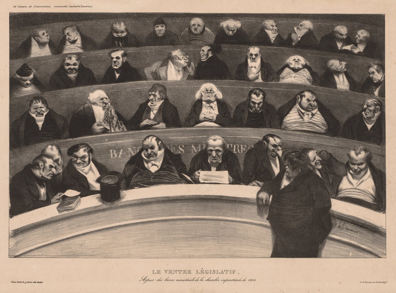 De maandelijkse vereniging (plaat 18): De wetgevende buik door Honoré Daumier