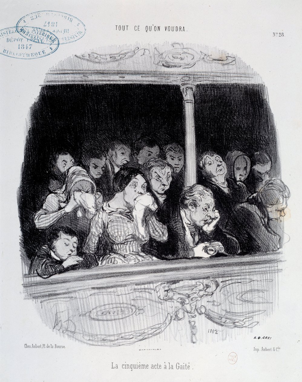 Het vijfde bedrijf heeft de Gaite. Uitdrukkingen van het gezicht van het publiek tijdens de show (verveling, vermoeidheid, desinteresse) Caricatuur door Honoré Daumier (1808-1879) door Honoré Daumier