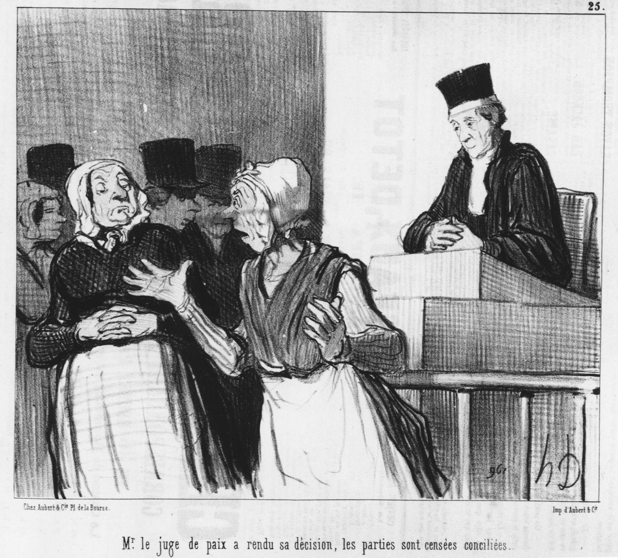 De vrederechter heeft zijn beslissing genomen, de partijen zouden verzoend moeten zijn..., cartoon door Honore Daumier. "Charivari" door Honoré Daumier