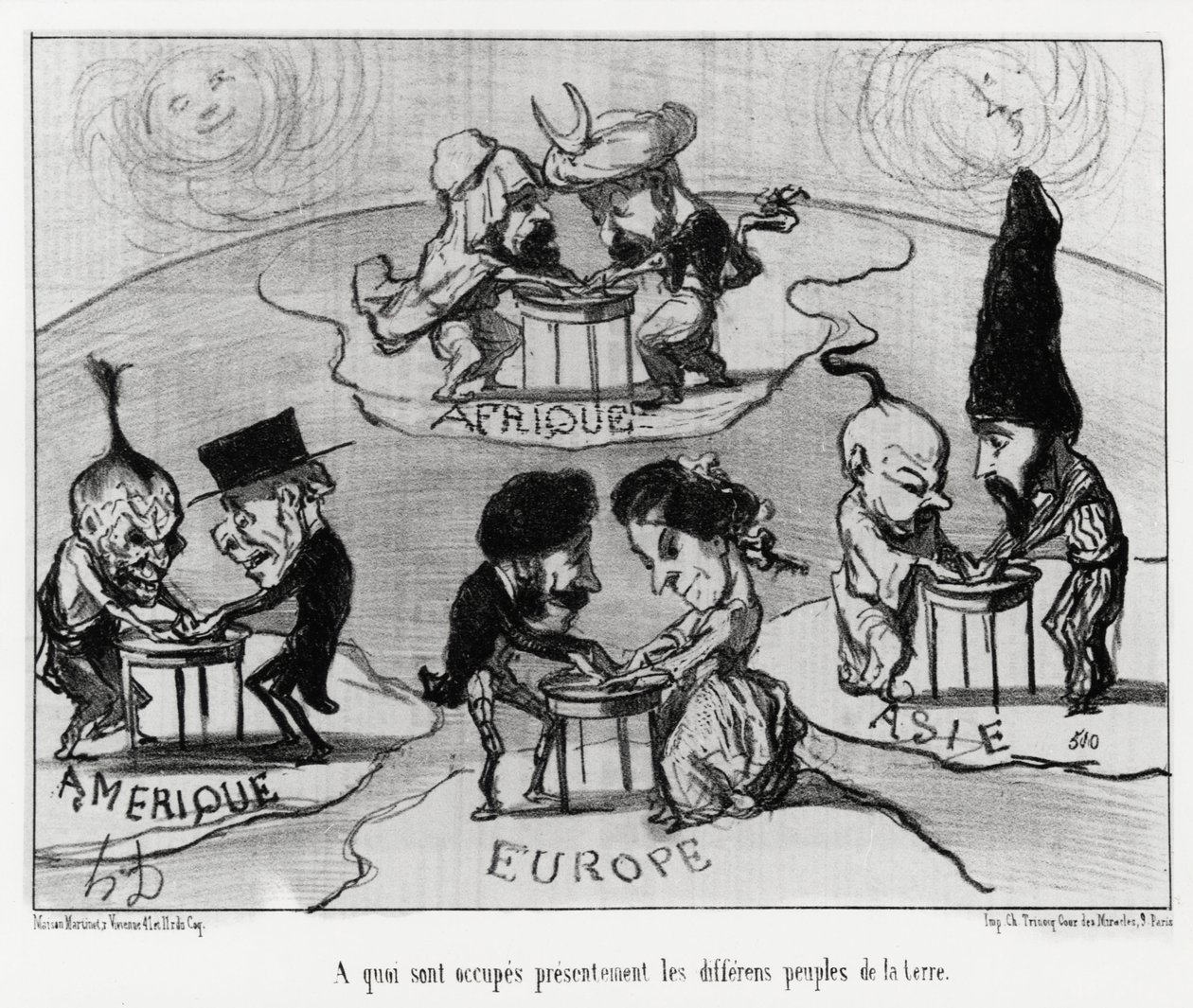 Tafels draaien (fluidomanie): waar momenteel de verschillende volkeren van de aarde mee bezig zijn. Illustratie door Honore Daumier (1808-1879), gepubliceerd in het nieuws, "Charivari", gedateerd 22 juni door Honoré Daumier