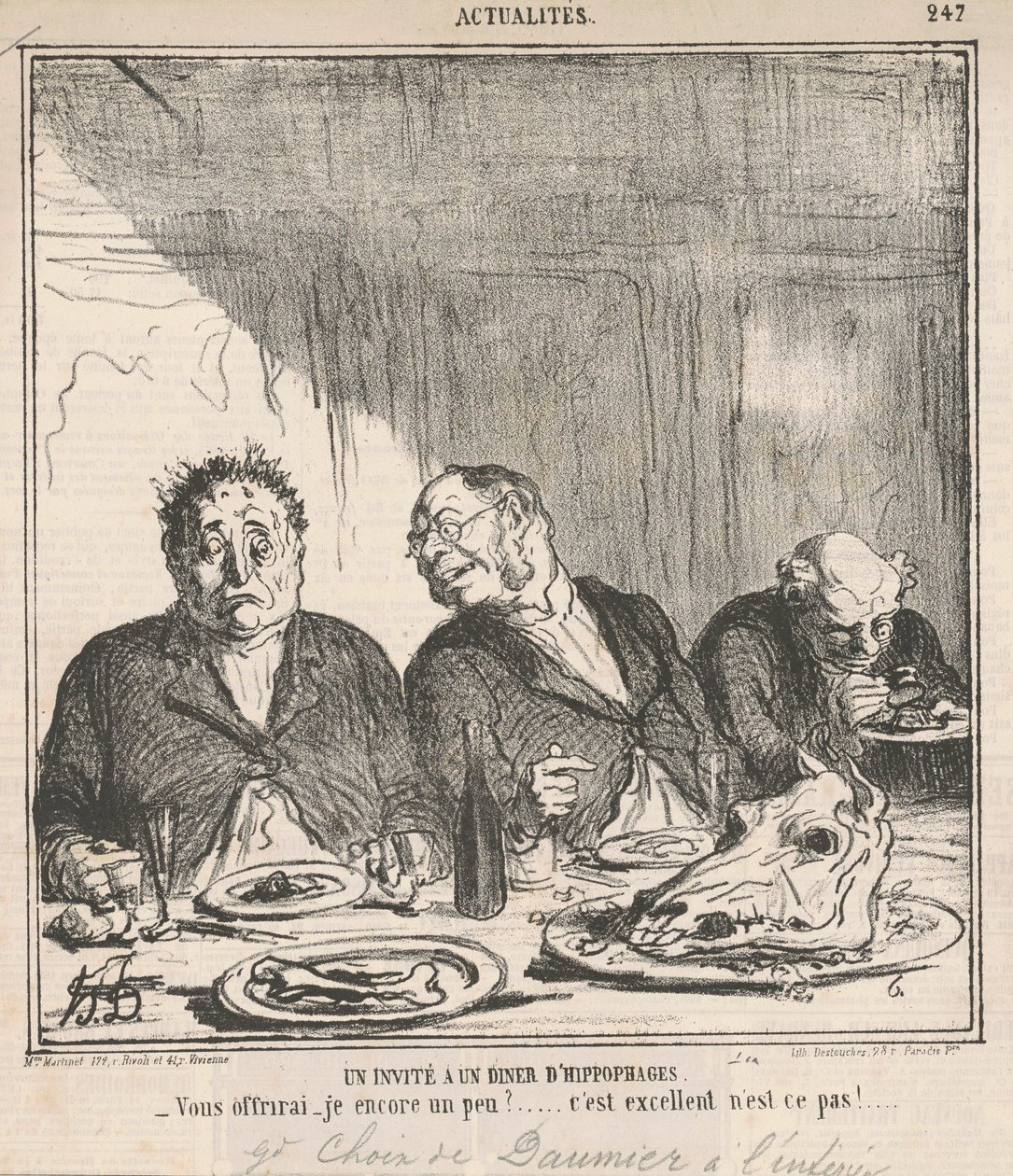 Een gast bij een diner van hippophagen: Zal ik u nog wat aanbieden? Het is uitstekend, nietwaar? door Honoré Daumier