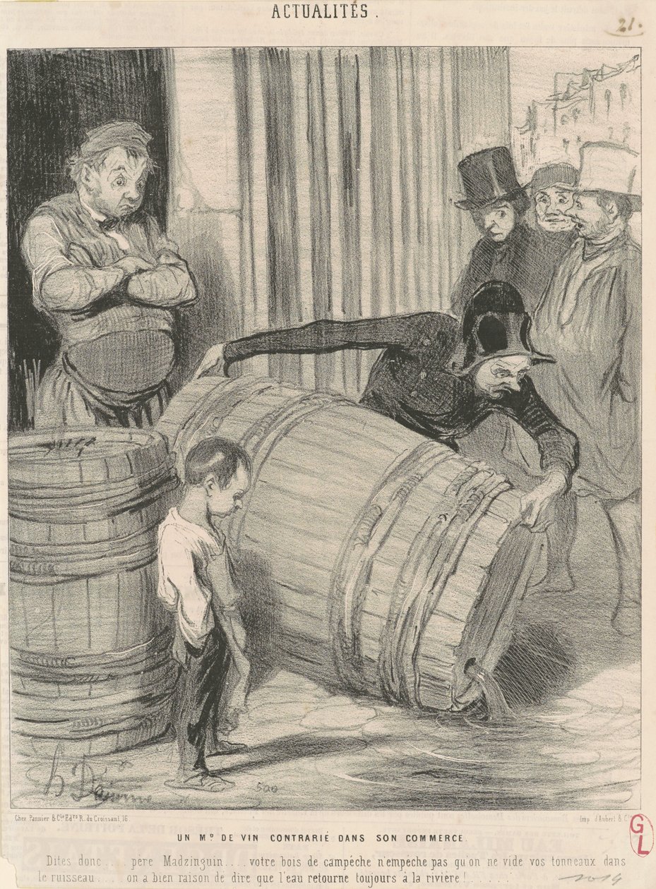 Een wijnhandelaar gehinderd in zijn handel door Honoré Daumier