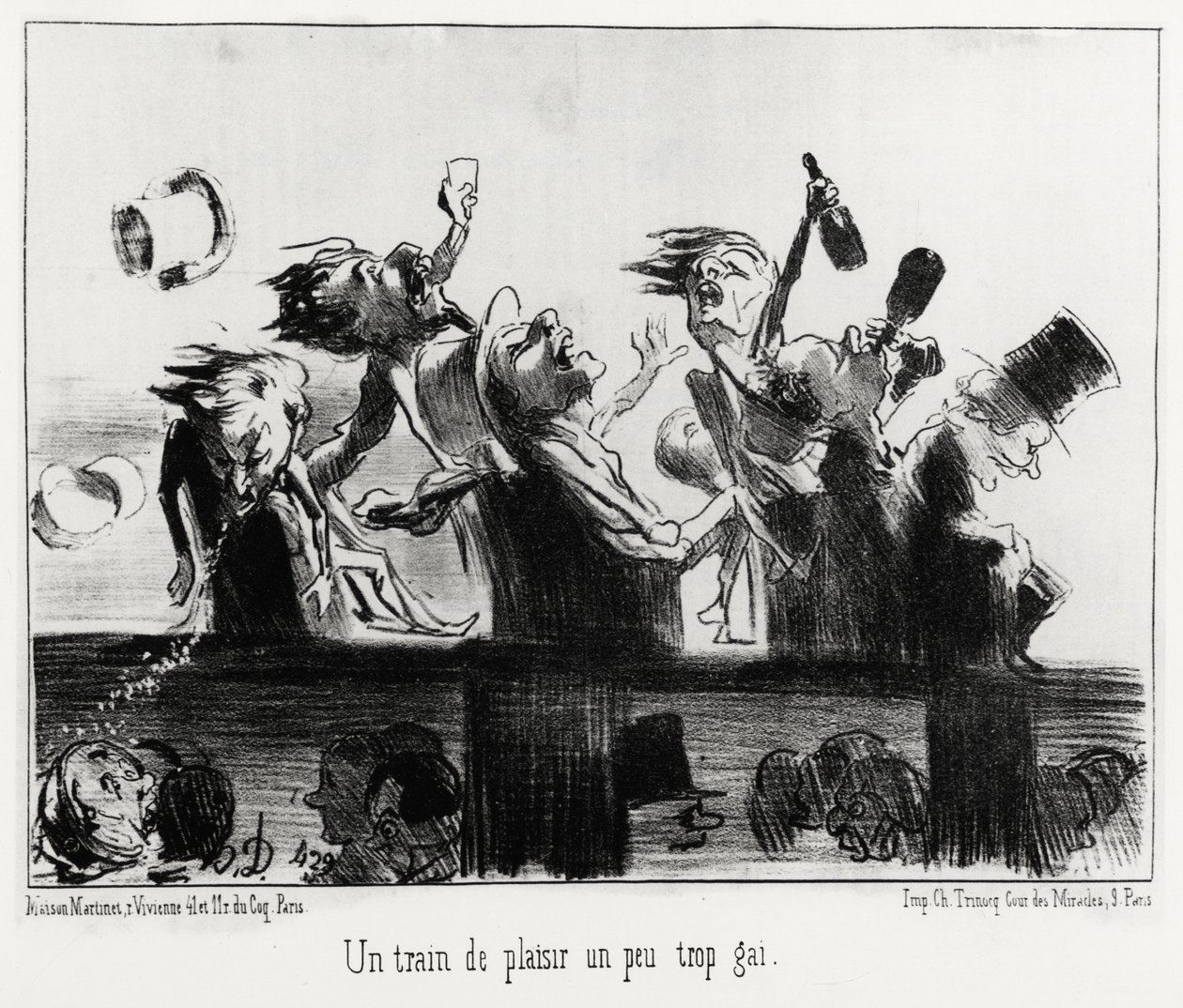 Een plezierige trein iets te vrolijk, in serie Les chemins de fer, illustratie door Honore Daumier (1808-1879), gepubliceerd in "Charivari", gedateerd 20 augustus 1852. door Honoré Daumier