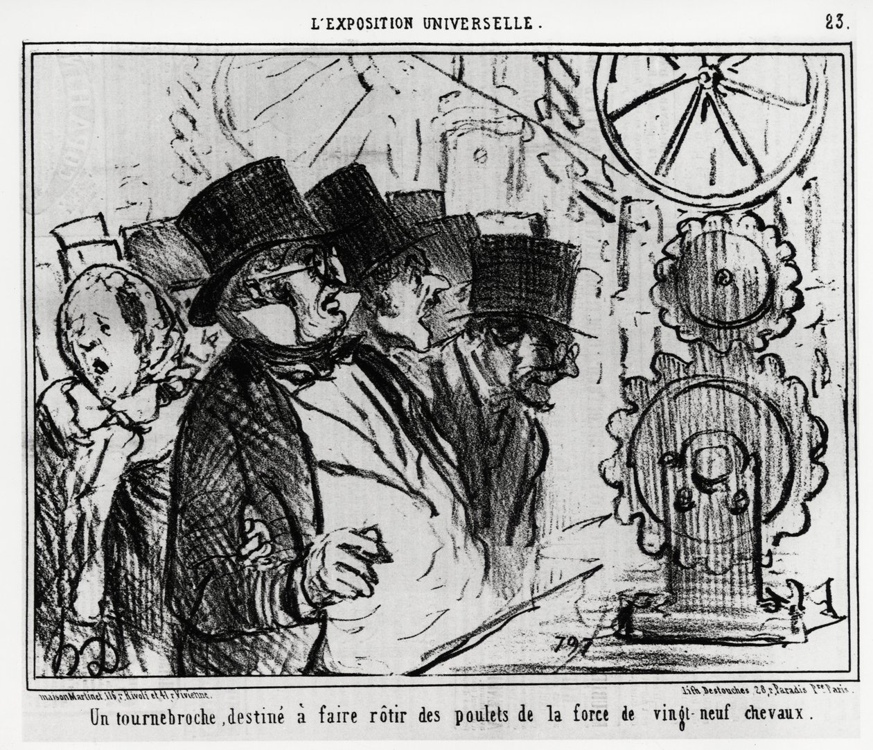 Universele tentoonstelling: een draaitafel, ontworpen om kippen te braden met de kracht van negenentwintig paarden. Illustratie door Honoré Daumier (1808-1879), gepubliceerd in het nieuws, 