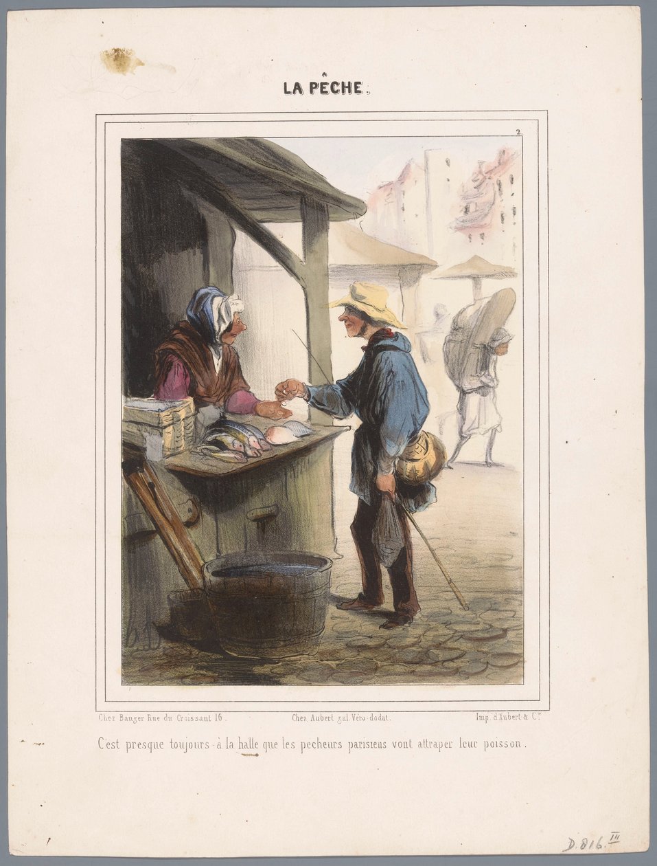 Visser koopt vis in de markthal door Honoré Daumier