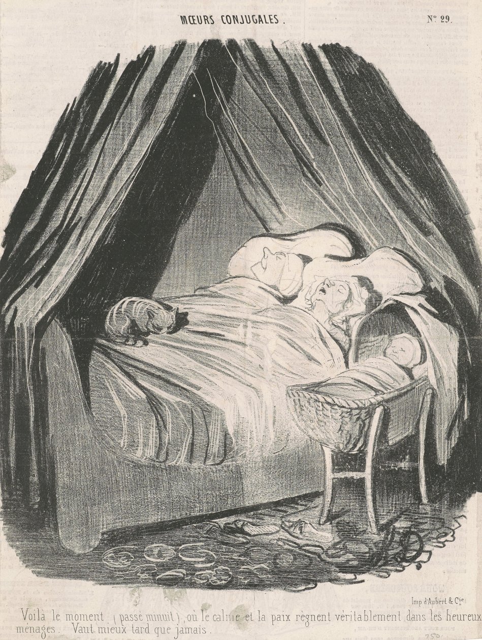 Daar is het moment (na middernacht) waarop rust en vrede werkelijk heersen in gelukkige huishoudens. Beter laat dan nooit. door Honoré Daumier