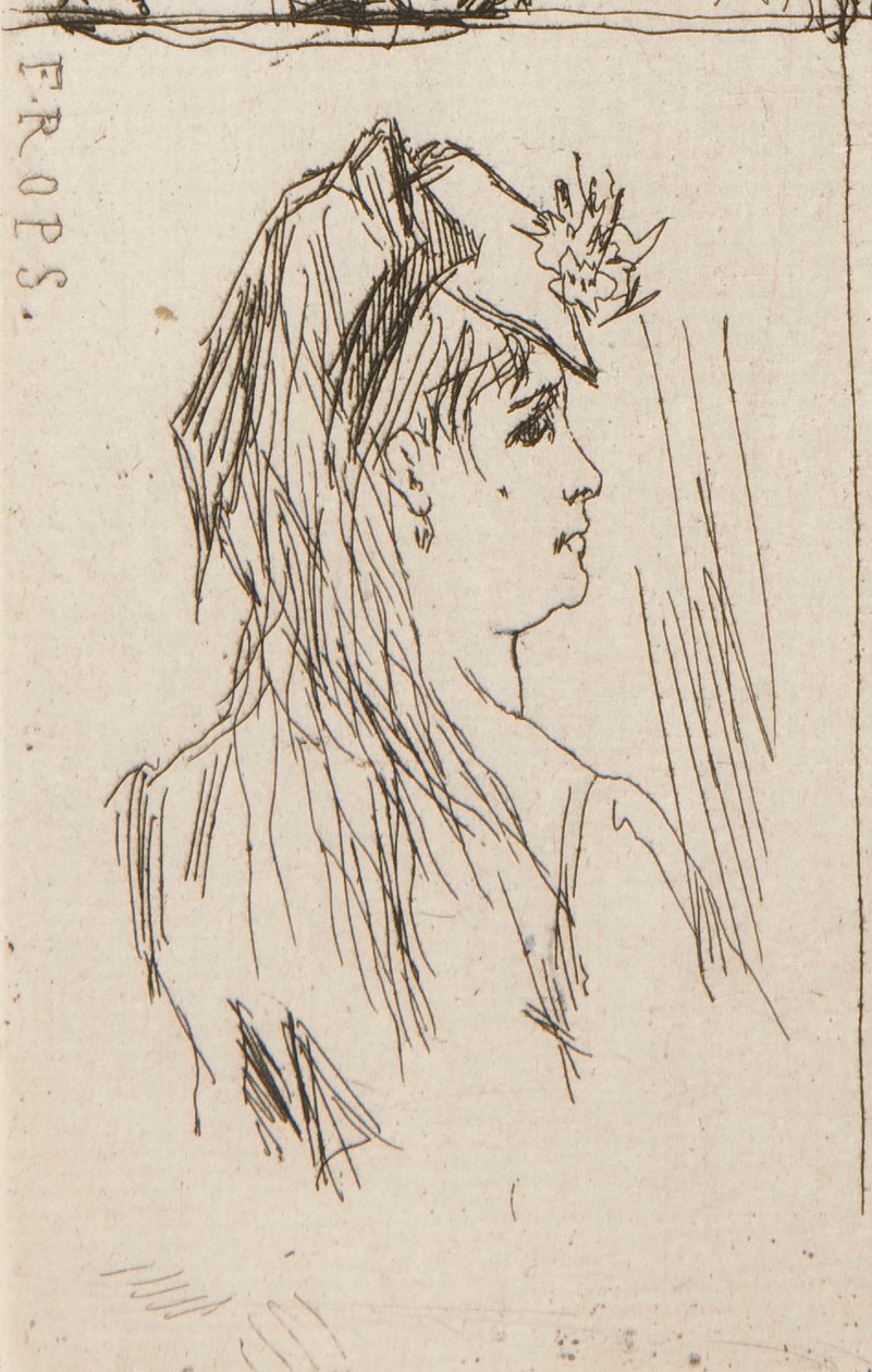 a. Hoofd van een oude man door Daumier (linksboven); b. Chez Charles Beriot door Taiee (middenboven); c. Hoofd van een jonge vrouw door Rops (rechtsboven); d. Rivierlandschap door Harpignies (middenonder); e. Profiel van een jonge vrouw door Honoré Daumier