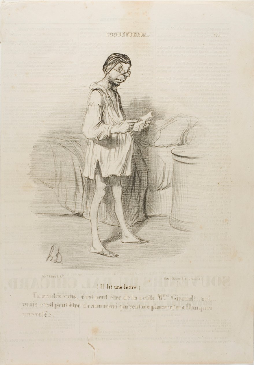 (Hij leest een brief) "Een afspraakje, zou het van de schattige mevrouw Giraud kunnen zijn Ja, maar het kan ook van haar man komen die me wil knijpen...," plaat 8 van Coquetterie door Honoré Victorin Daumier