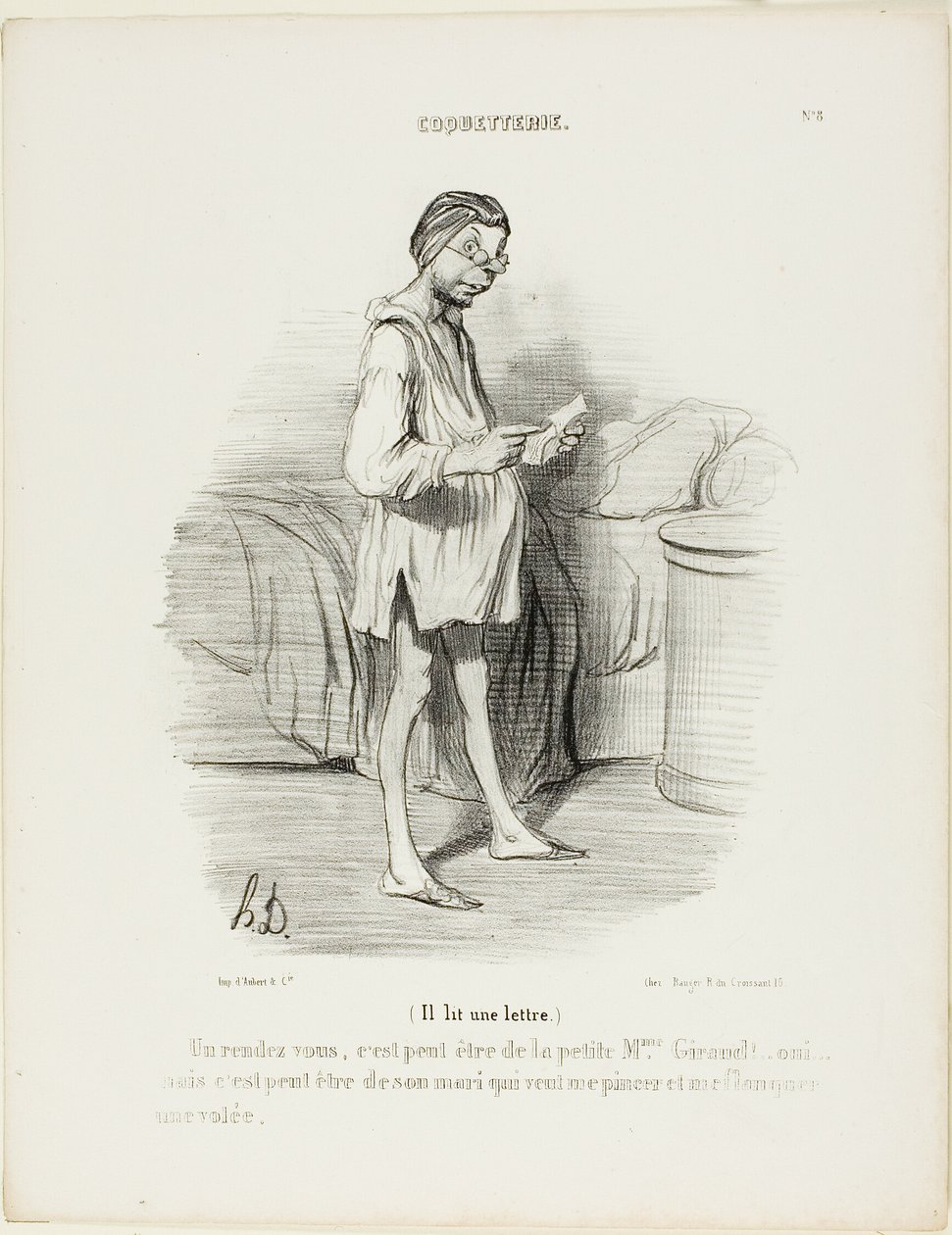 (Hij leest een brief) "Een afspraakje, zou het van de schattige mevrouw Giraud kunnen zijn Ja, maar het kan ook van haar man komen die me wil knijpen...," plaat 8 van Coquetterie door Honoré Victorin Daumier