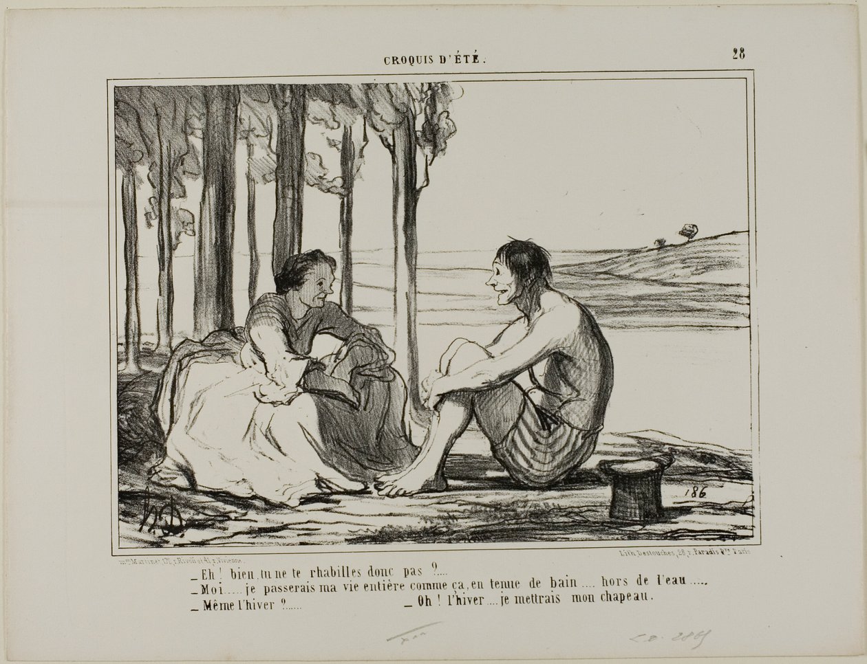 "- Kleed je je niet aan - Nee... Ik blijf de hele dag zo in mijn zwemkleding, buiten het zwembad. - Zelfs in de winter - Dan zet ik mijn muts op!", plaat 28 uit Croquis D