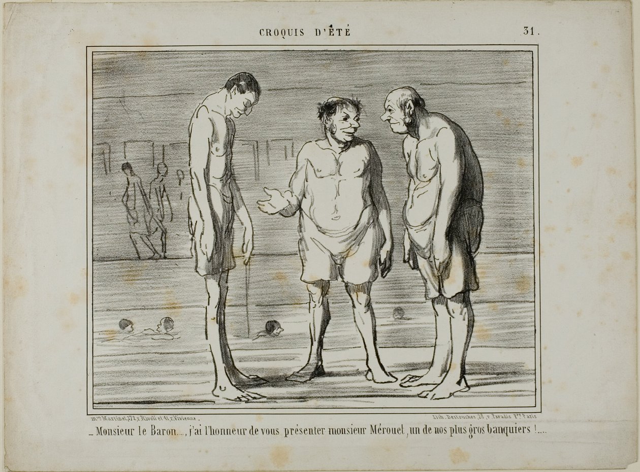 "- Baron, ik heb de eer u voor te stellen aan meneer Mérouel, een van onze grootste bankiers... - Baron, ik heb de eer u voor te stellen aan meneer Cascaret, een van onze grootste aandeelhouders," plaat 31 uit Croquis D