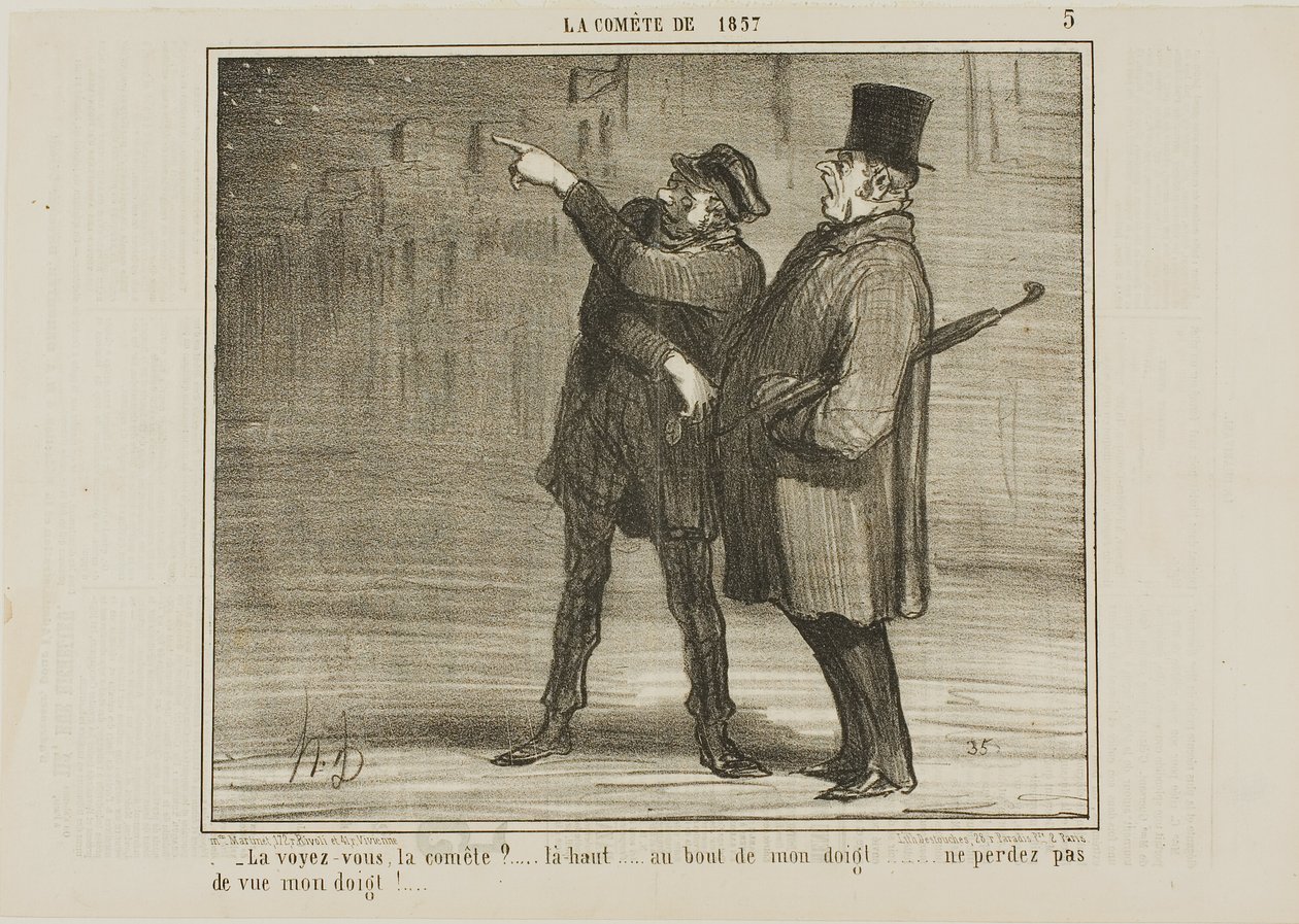 "- Zie je de komeet... daar, op het topje van mijn vinger ... verlies mijn vingertop niet uit het oog!," plaat 5 uit La Comète De 1857 door Honoré Victorin Daumier