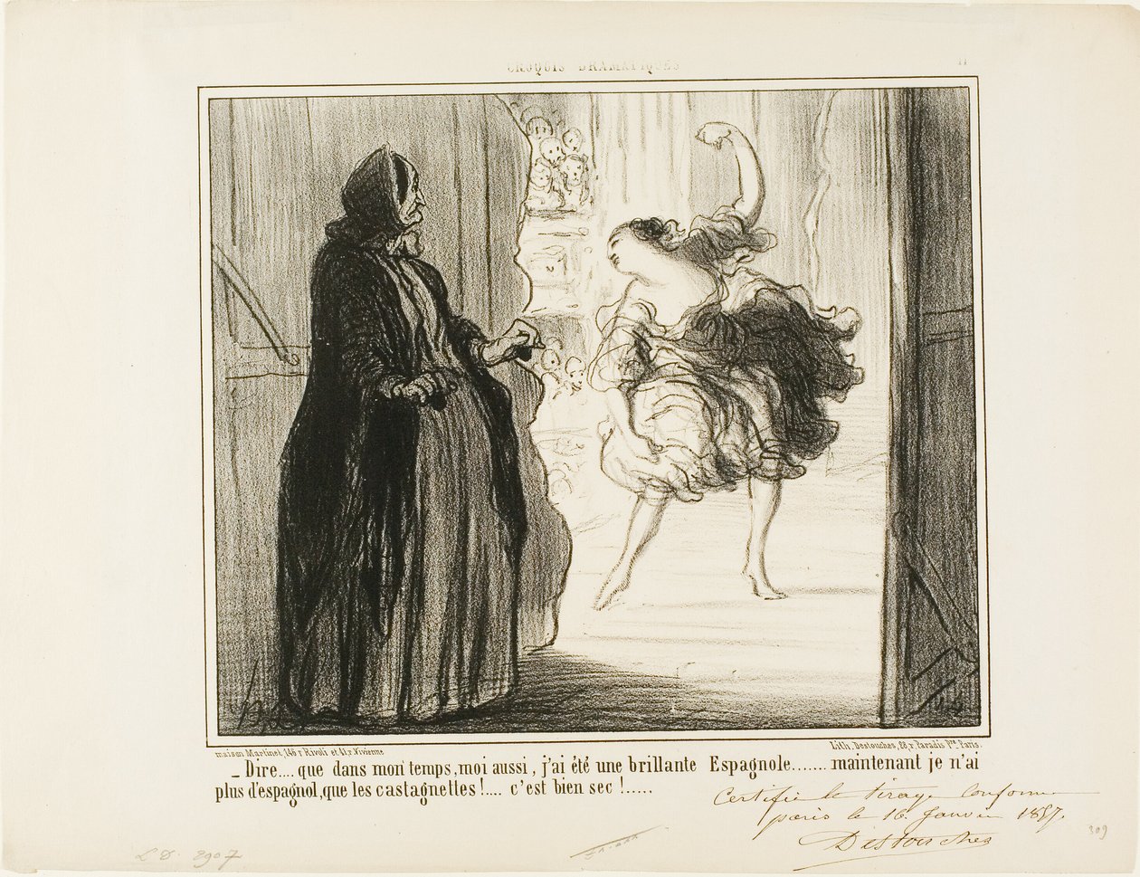 "- Moeilijk voor te stellen dat ik in mijn tijd ook een veelgeprezen Spaanse danser was... tegenwoordig zijn alleen mijn castagnetten Spaans... wat vervelend...," plaat 11 uit Croquis Dramatiques door Honoré Victorin Daumier
