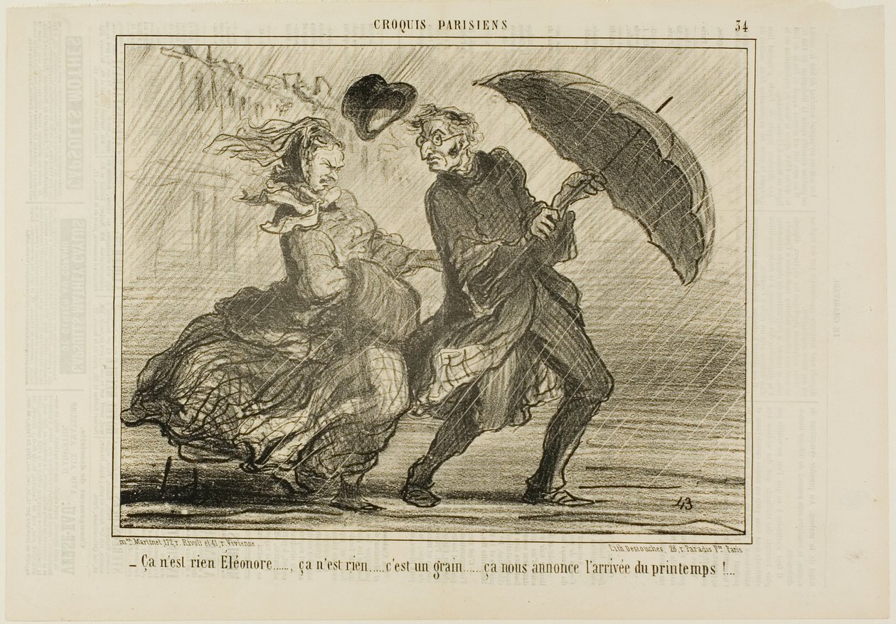 "- Maak je geen zorgen, Eleonore... het is niets, het is gewoon een beetje wind die de komst van de lente aankondigt," plaat 34 van Croquis Parisiens door Honoré Victorin Daumier