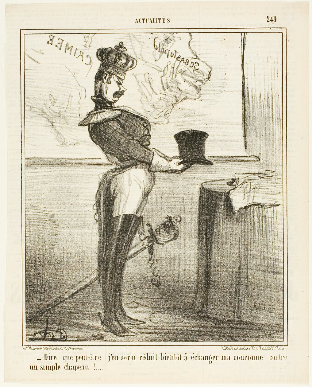 "- Moeilijk voor te stellen dat ik op een dag mijn kroon zou moeten inruilen voor een eenvoudige hoed," bord 249 van Actualités door Honoré Victorin Daumier