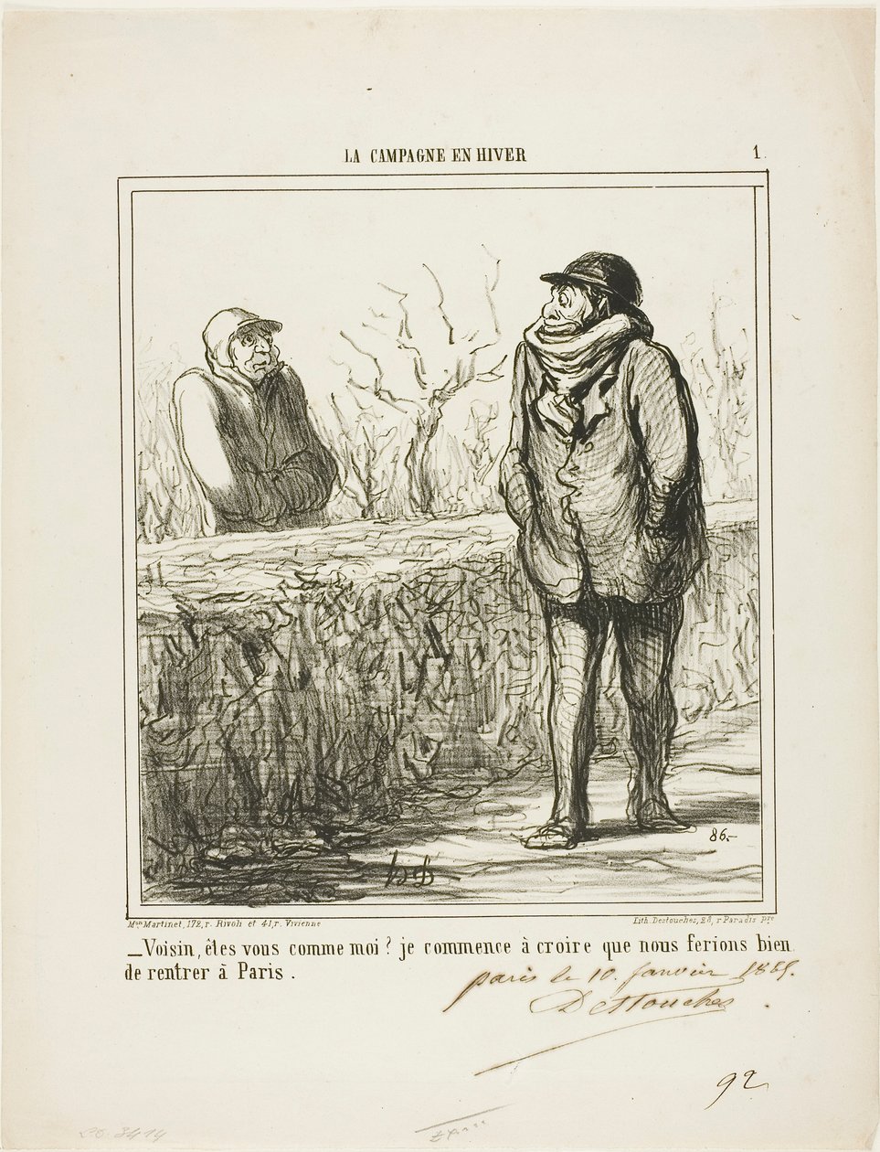 "- Hallo, buurman, ben je zoals ik Ik begin te geloven dat we er goed aan doen terug te keren naar Parijs," plaat 1 uit La Campagne En Hiver door Honoré Victorin Daumier
