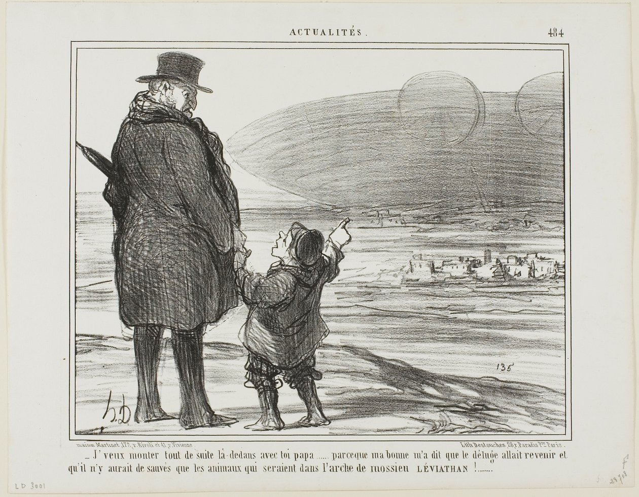 "- Ik wil meteen met je mee op dit schip, papa, mijn kindermeisje zei dat de zondvloed weer zal komen, en de enigen die gered zullen worden, zijn de dieren op de ark van Mr. Leviathan!," bord 484 van Actualités door Honoré Victorin Daumier