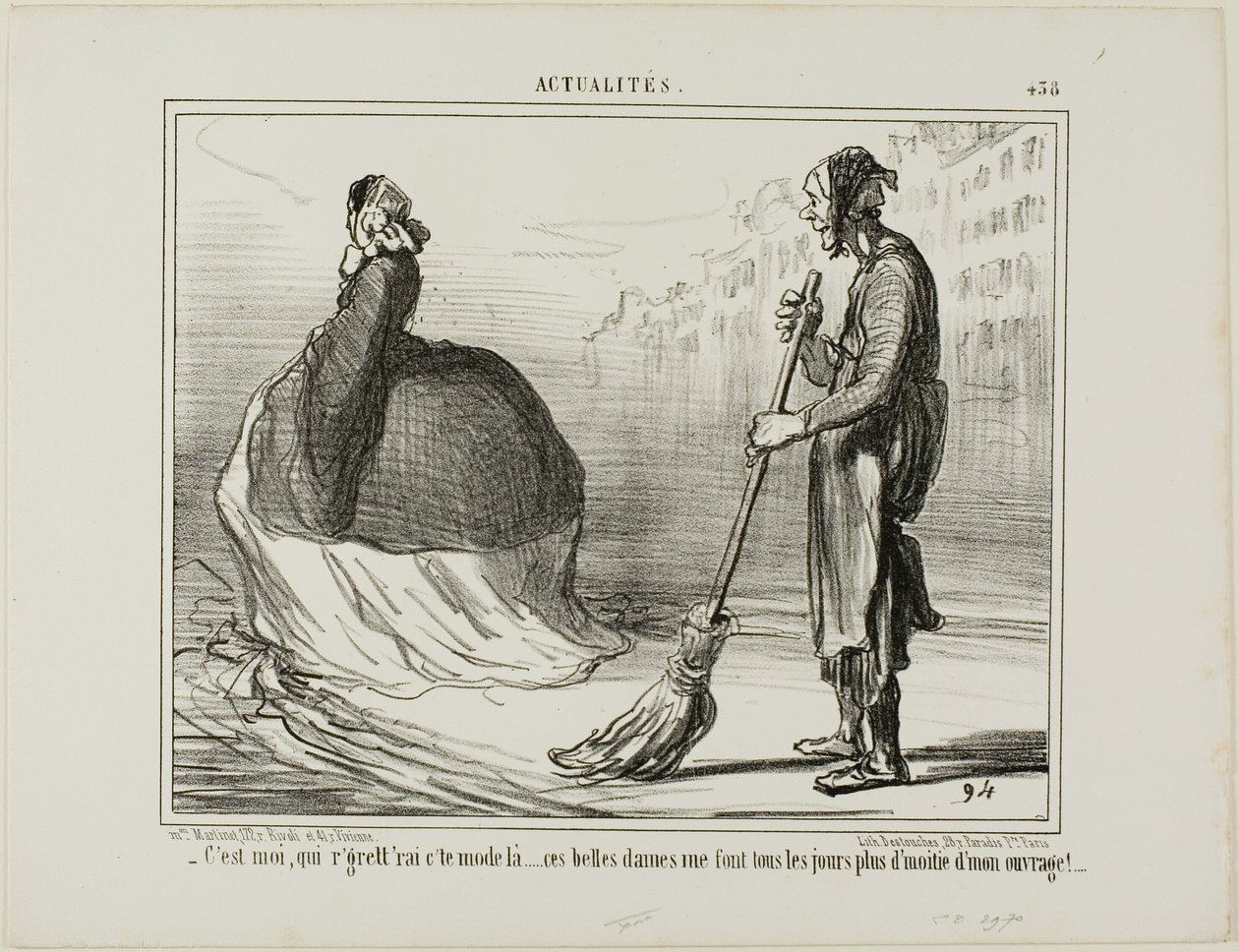 "- Ik zou het jammer vinden als deze mode ooit uit de mode raakt... deze dames doen de helft van mijn werk!," bord 438 van Actualités door Honoré Victorin Daumier