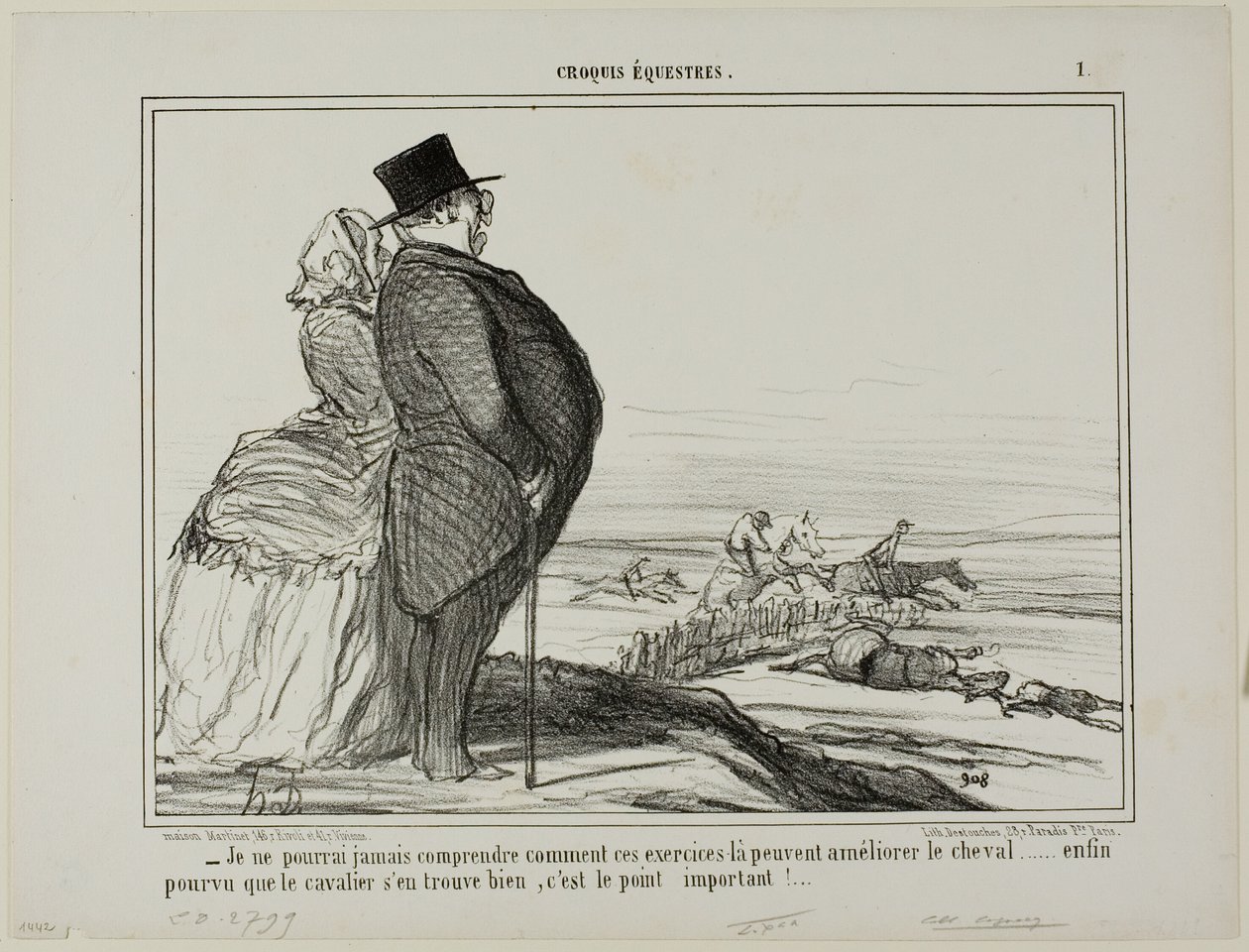 "- Ik zal nooit begrijpen hoe deze oefeningen de conditie van een paard kunnen verbeteren..... het enige wat echt telt is dat de ruiter zich goed voelt," plaat 1 van Croquis Équestres door Honoré Victorin Daumier