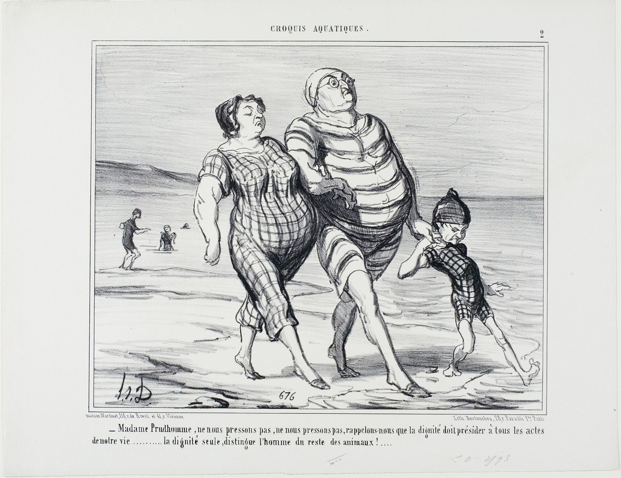"- Madame Prudhomme, laten we ons niet haasten, laten we niet vergeten dat waardigheid alle handelingen in het leven moet beheersen... alleen waardigheid onderscheidt de mens van de rest van de dieren," plaat 2 uit Croquis Aquatiques door Honoré Victorin Daumier