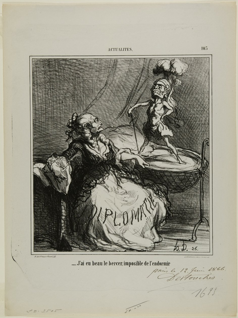 "- Hoe vaak ik hem ook wieg, het is onmogelijk om hem in slaap te laten vallen," bord 105 van Actualités door Honoré Victorin Daumier