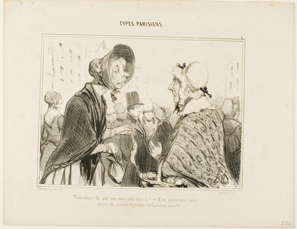 "- Oh, hier ben je..... wat heb je daar ..... - Laten we er niet over praten.... we hebben gasten, en ik heb net boodschappen gedaan," plaat 6 uit Types Parisiens door Honoré Victorin Daumier