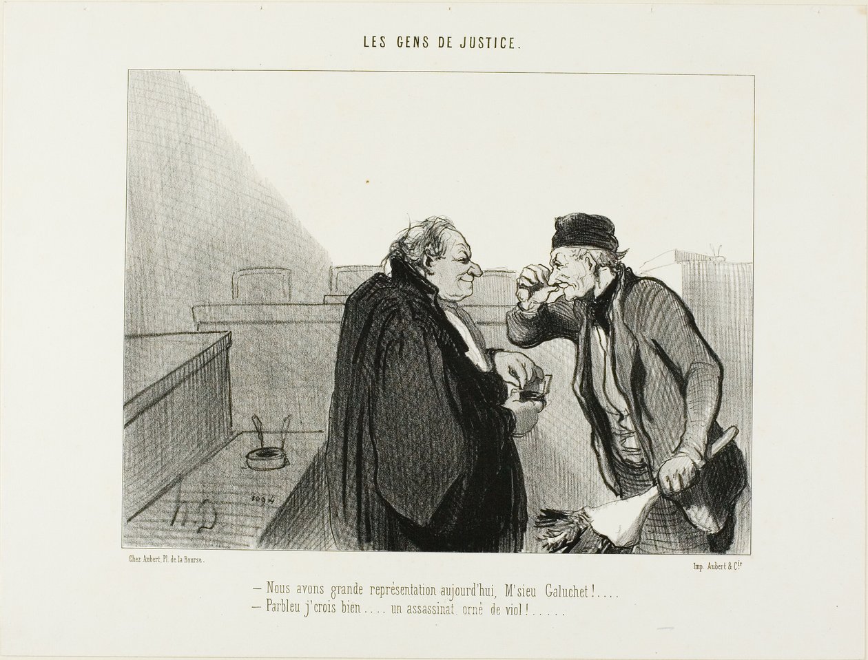 "- Moet een geweldige voorstelling worden vandaag, Mr.Galuchet... - Ik denk het wel... Een moordzaak met een verkrachting erbij...," plaat 31 van Les Gens De Justice door Honoré Victorin Daumier