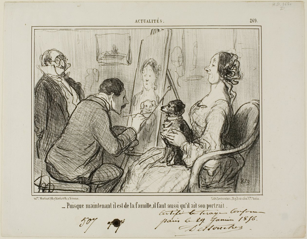 "- Omdat hij nu deel uitmaakt van de familie, moet hij ook geportretteerd worden", plaat 269 uit Actualités door Honoré Victorin Daumier