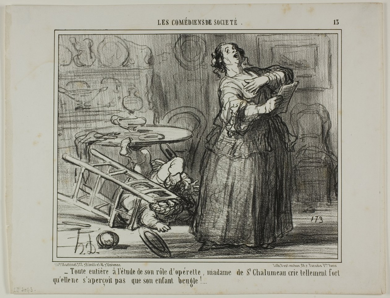 - In beslag genomen door haar operette-rol, schreeuwt Madame de St. Chalumeau zo hard dat ze het geloei van haar kind niet opmerkt, plaat 13 uit Les Comédiens De Société door Honoré Victorin Daumier