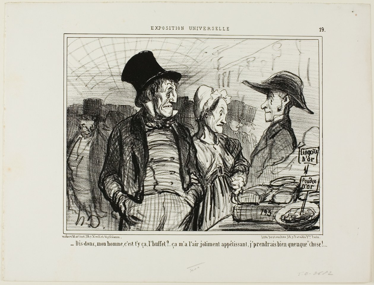 "- Zeg eens, beste man, is dit het buffet... het ziet er heel smakelijk uit, ik zou wel iets.... lusten," bord 19 van L