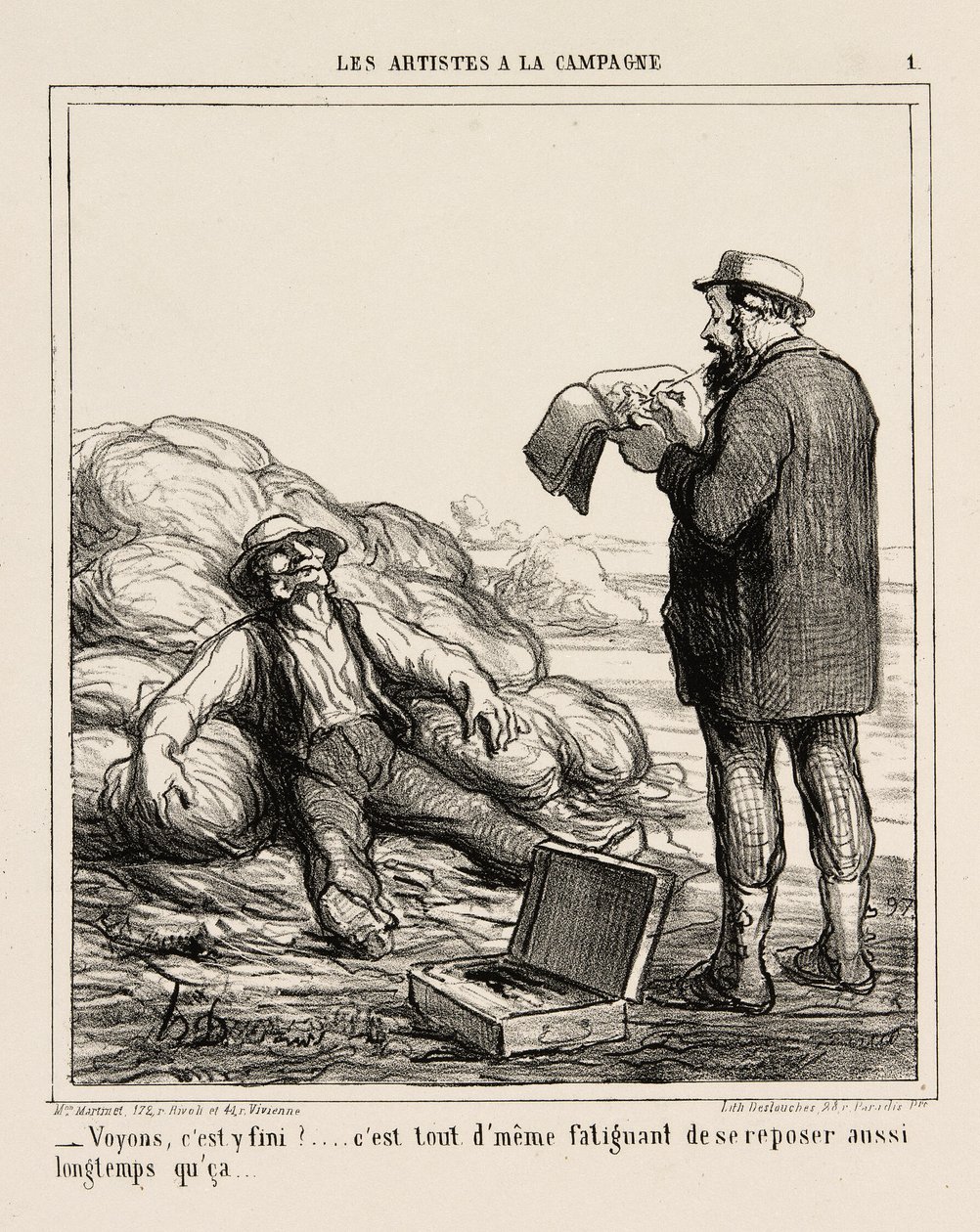 "- Nou, ben je eindelijk klaar... het is tenslotte vermoeiend om zo lang te relaxen," plaat 1 uit Les Artistes A La Campagne door Honoré Victorin Daumier