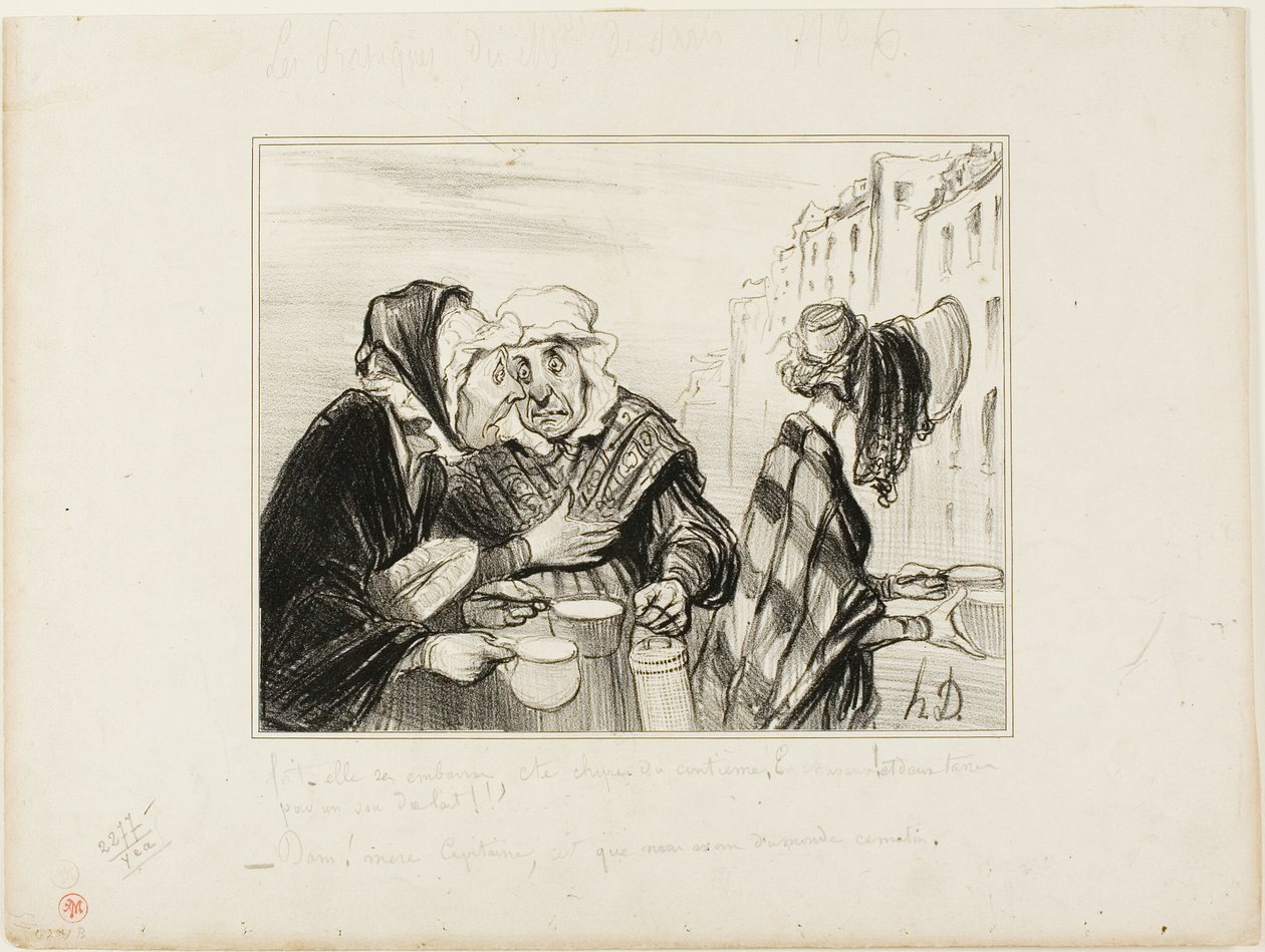 "- Wat een ophef maakt die zure kop van de vijfde verdieping! Een hoed dragen alleen maar om twee kopjes melk voor een sou te kopen! - Oh, Madame Capitaine, zijn we niet sjiek vandaag..." plaat 36 Types Parisiens door Honoré Victorin Daumier