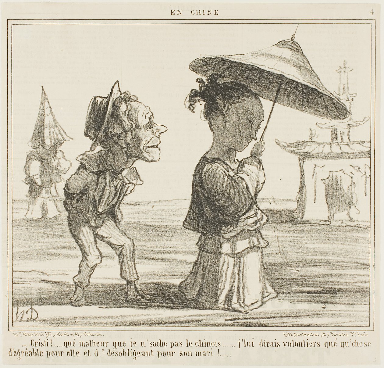 "- Wat jammer dat ik geen Chinees spreek... Ik zou graag iets heel aardigs tegen haar zeggen en iets heel vervelends tegen haar man," bord 4 van En Chine door Honoré Victorin Daumier