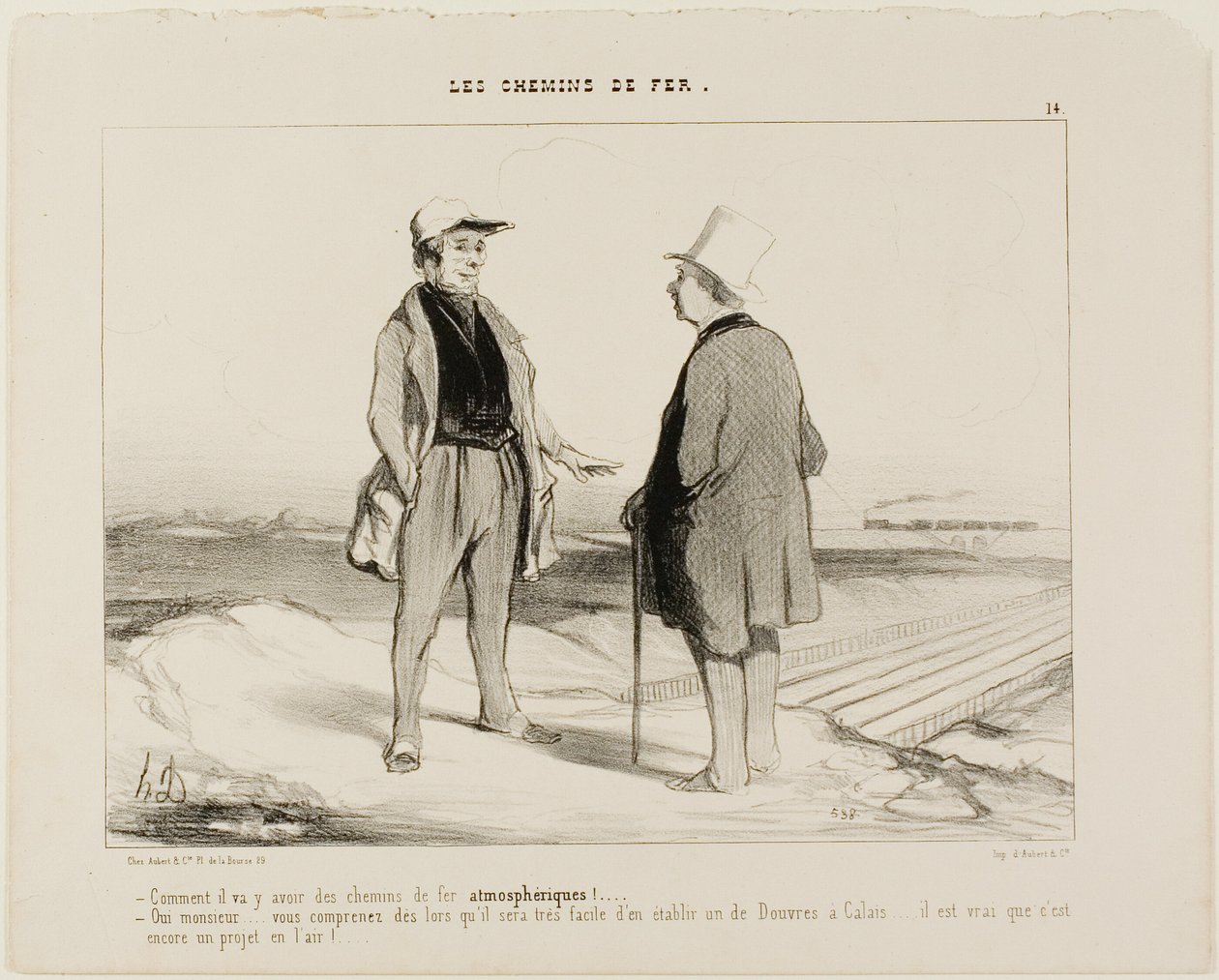 "- Hoe bedoel je, er komen binnenkort luchttreinen - Maar natuurlijk, Monsieur... ziet u, het zal dan heel gemakkelijk zijn om een verbinding tussen Dover en Calais tot stand te brengen... maar het project hangt natuurlijk nog in de lucht," plaat 14 van Th door Honoré Victorin Daumier