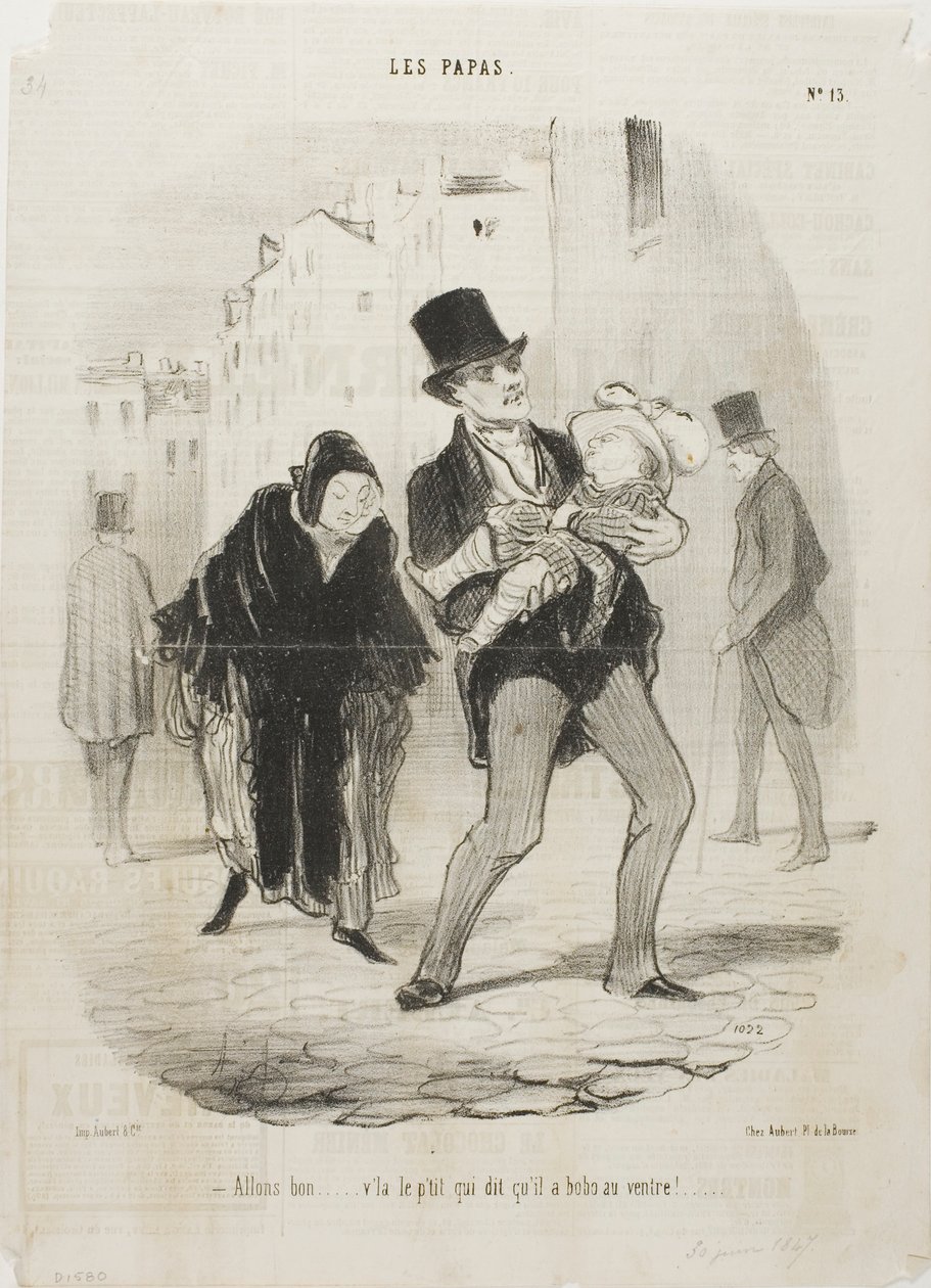 "- Ja goed, maar de arme jongen heeft buikpijn," plaat 13 van Les Papas door Honoré Victorin Daumier